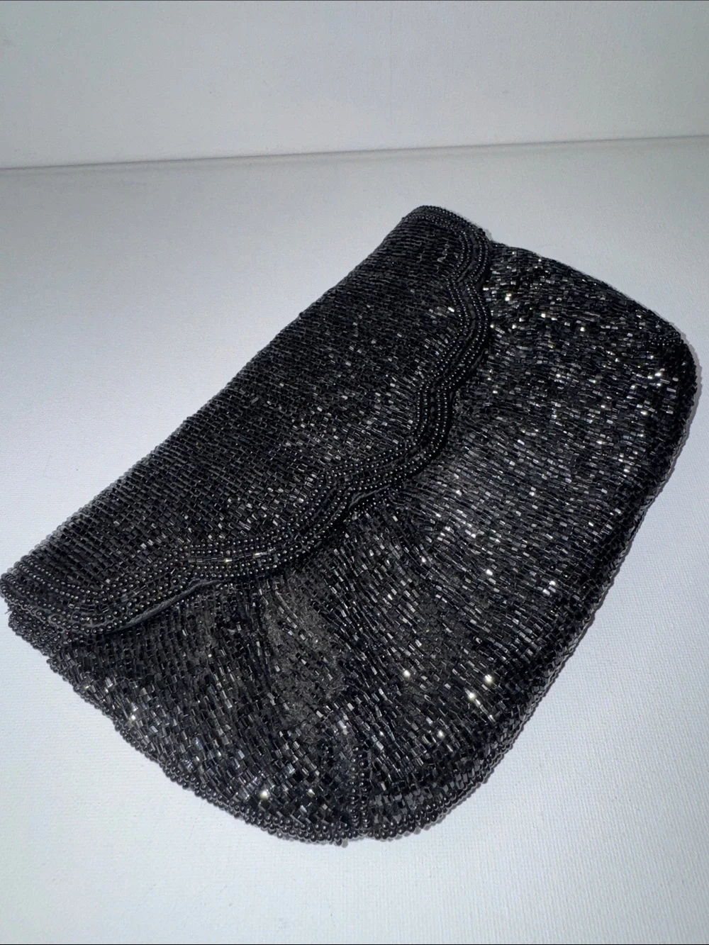 Venizia Vintage Black Beaded Evening Clutch Bag Shimmer Scalloped Flap